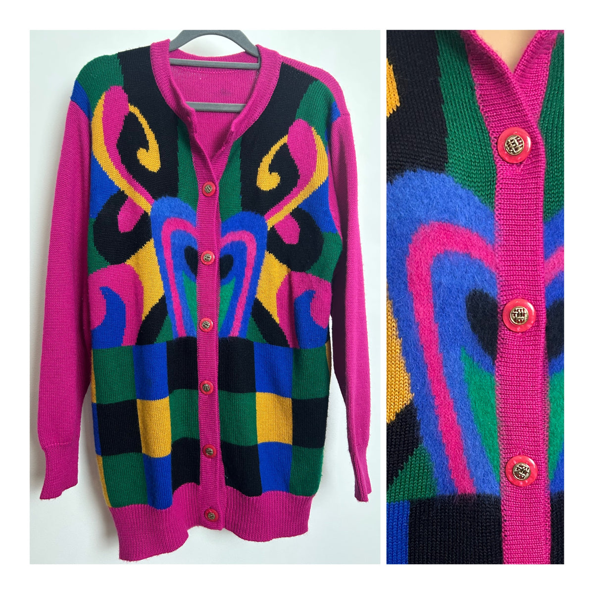 Vintage 1980s Up To Size 12 Pink Mustard Blue Green & Black Abstract Print Wool Mix Cardigan