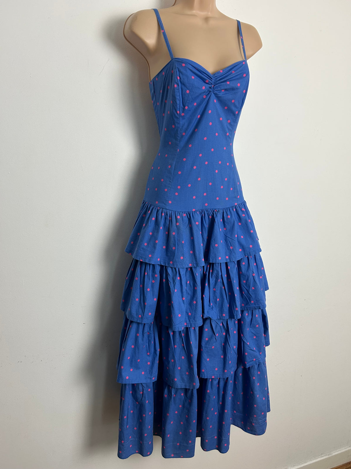 Vintage 1980s LAURA ASHLEY Size 8 (Size 12 On Label) Blue & Pink Polka Dot Print Layered Cotton Summer Dress
