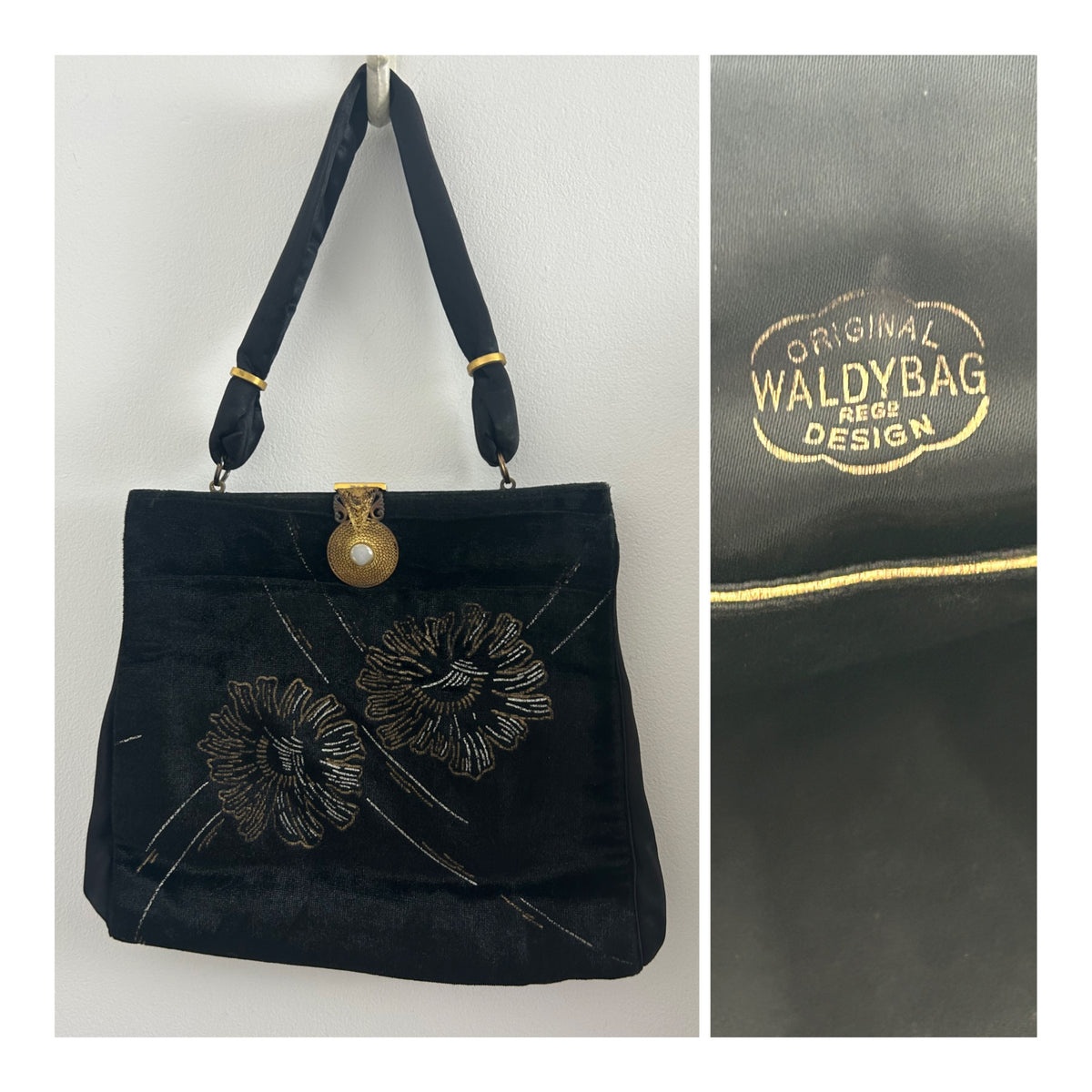 Vintage Early 1950s WALDYBAG Black Velvet Hand Painted Silver & Gold Floral Pattern Cocktail Handbag