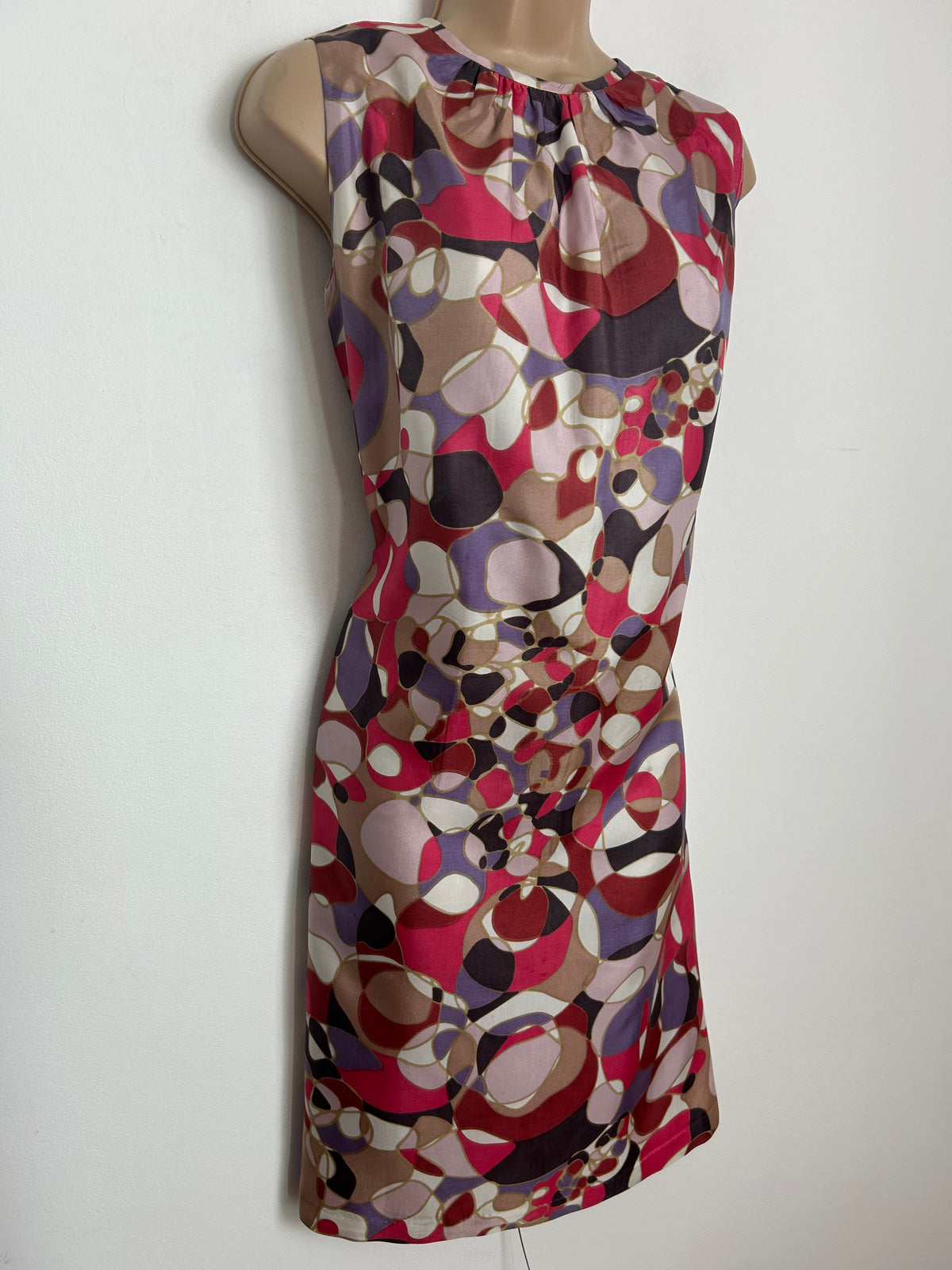 Vintage 1960s Size 14 Pink Mauve Beige & White Abstract Print Mod Shit Dress
