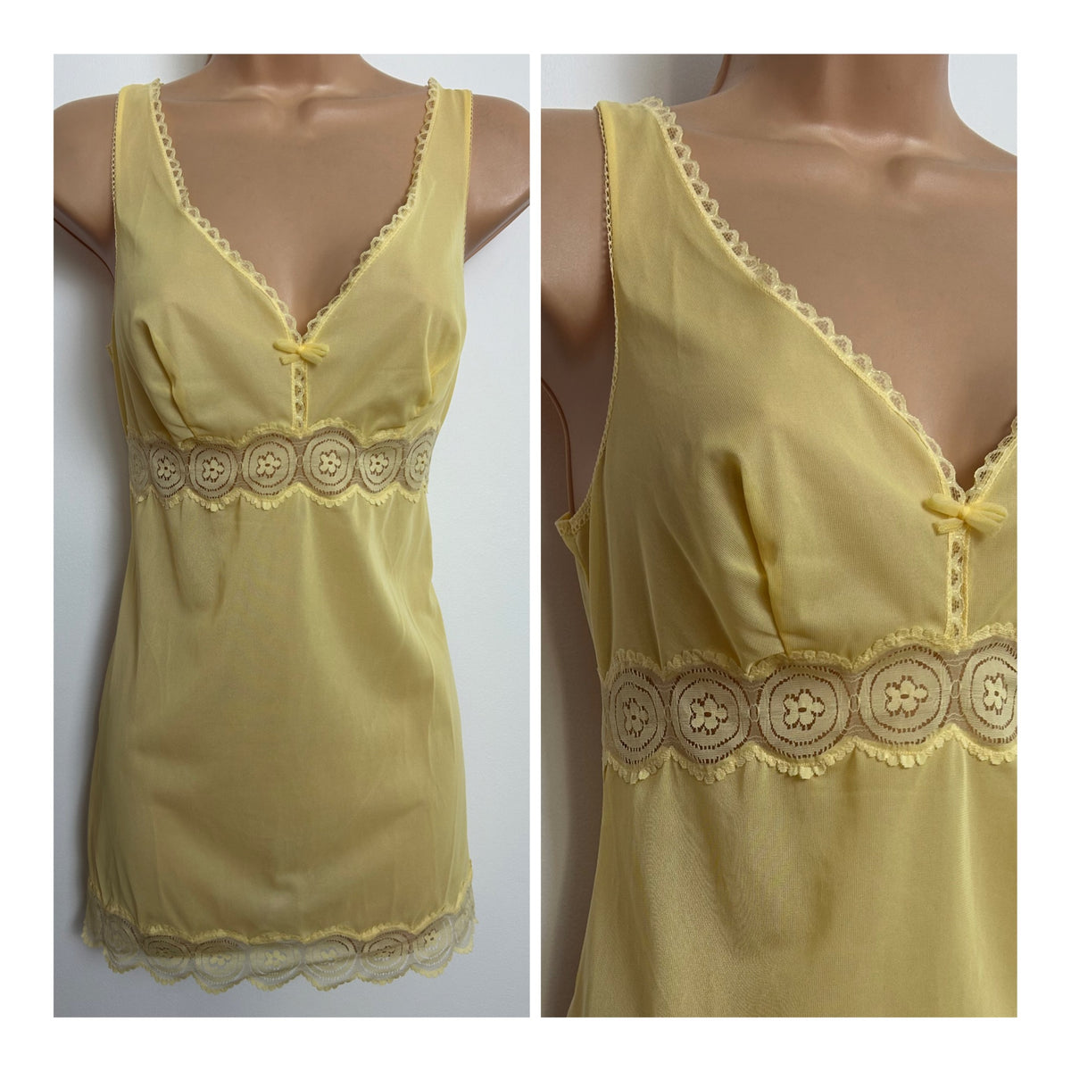 Vintage 1960s Size 8 Pretty Lemon Lace Detail Nylon Knee Length Slip