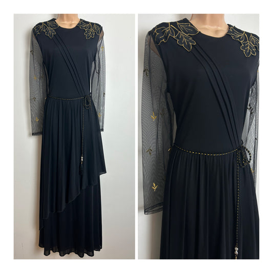 Vintage Late 1970s VERA MONT Size 10 Black & Floral Applique Detail Belted Evening Maxi Dress