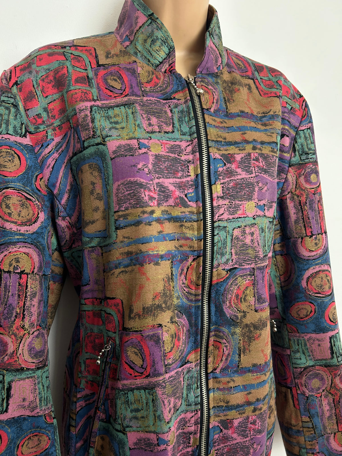 Vintage Late 1980s Size 12-14 Pink Lilac & Green Tones Abstract Print Zip Fronted Jacket