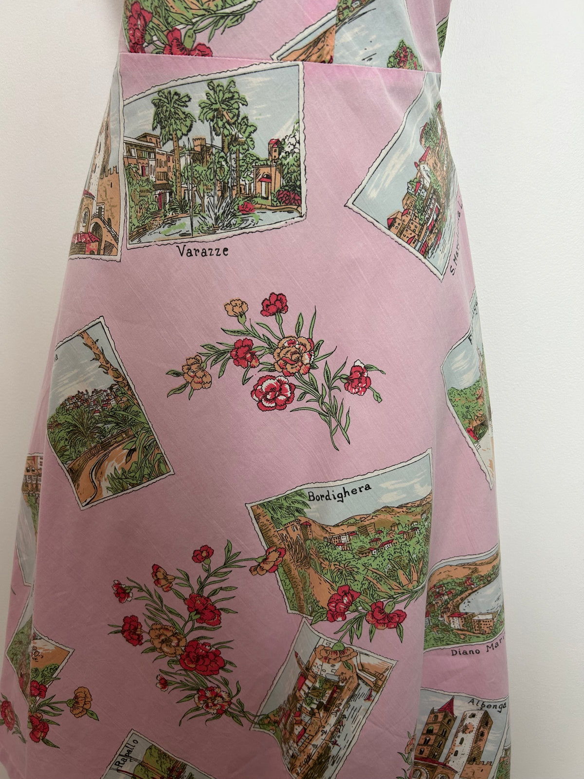Vintage 1980s Size 8-10 Pink Italian Cities Postcard Print 50s Style Cotton Sun Dress