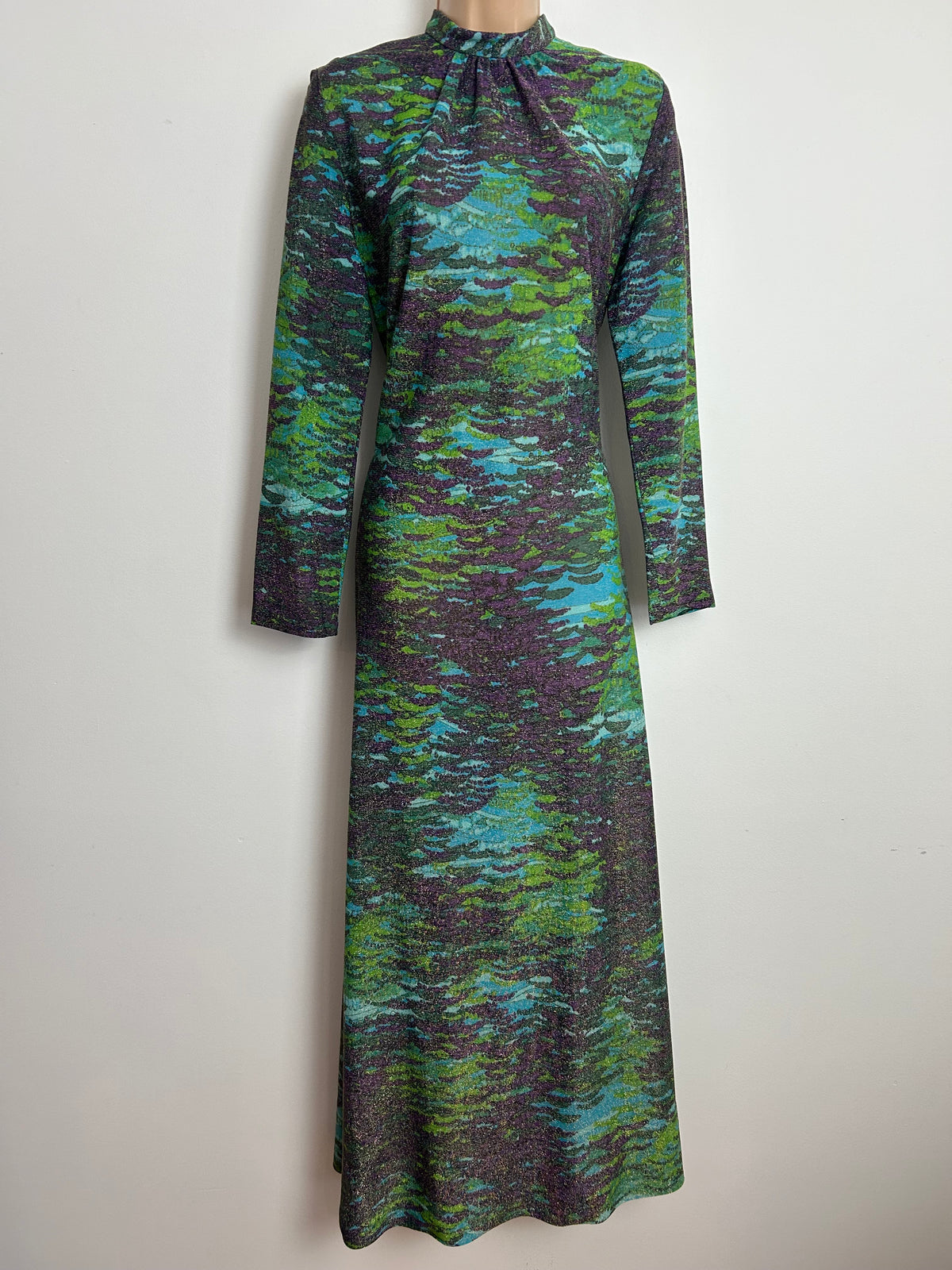 Vintage 1970s EASTEX Size 10-12 Green Purple & Turquoise Abstract Print Lurex Shimmery Occasion Maxi Dress