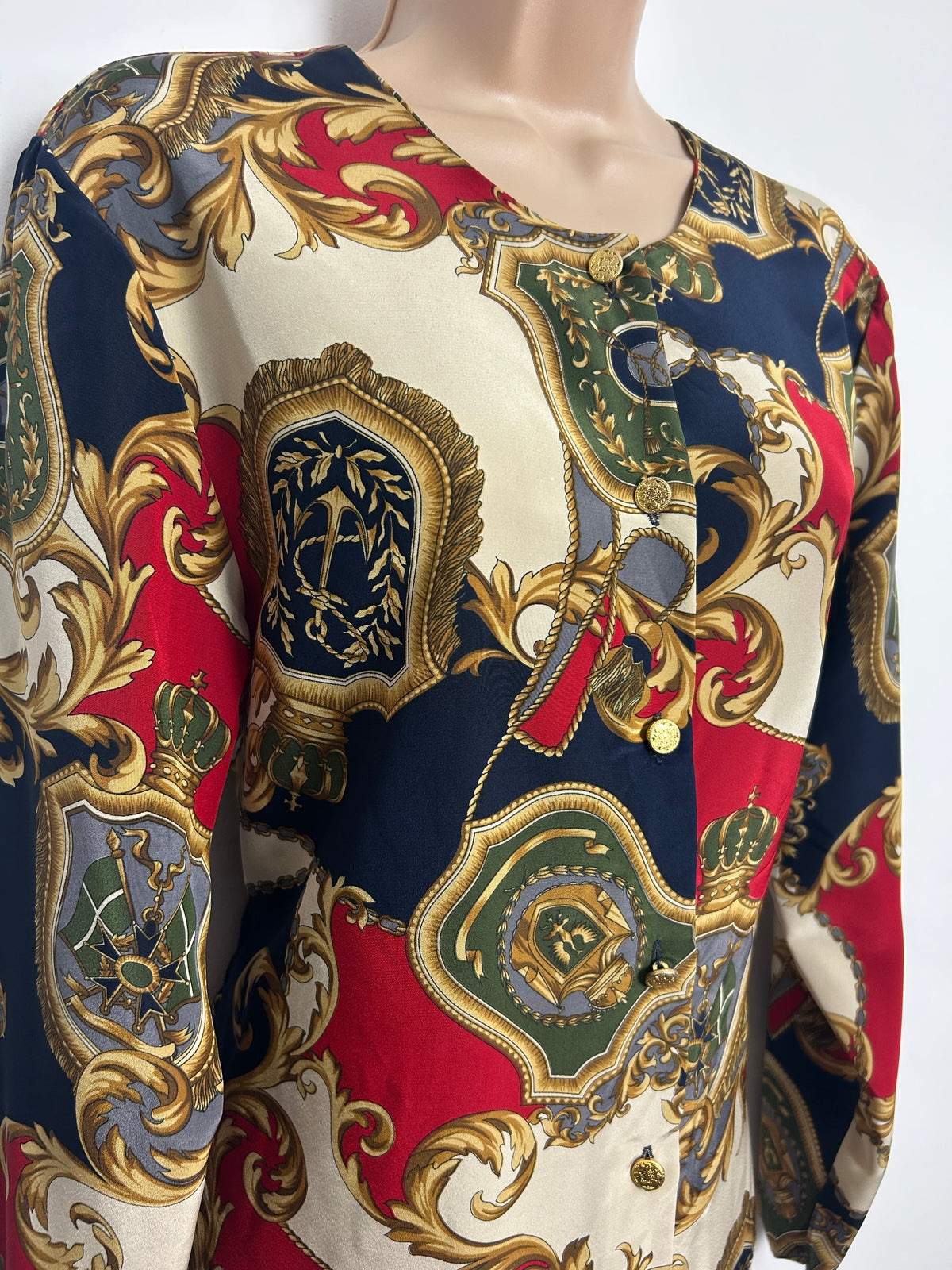 Vintage 1980s Size 12-14 Red Navy Blue Green & Gold Regal Regalia Print Long Sleeve Blouse