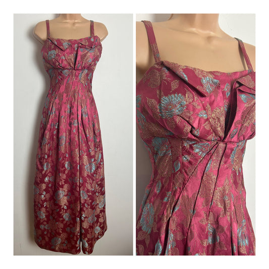 Vintage 1950s MAISON EVE Size 8 pink Blue & Gold Floral Brocade Occasion Gown
