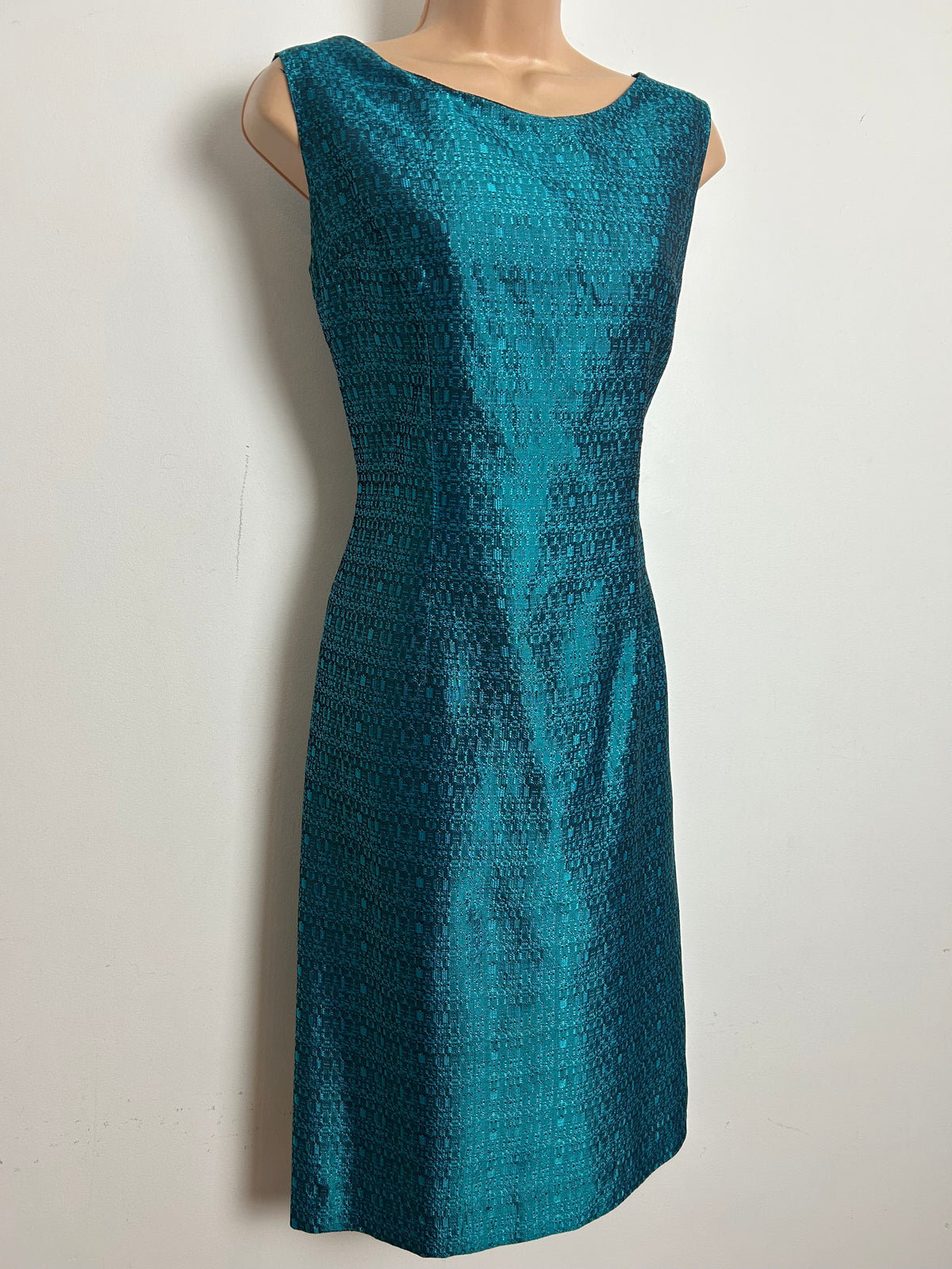 Vintage 1960s Size 12 Metallic Teal Jacquard Fitted Wiggle Party Dress Size 12