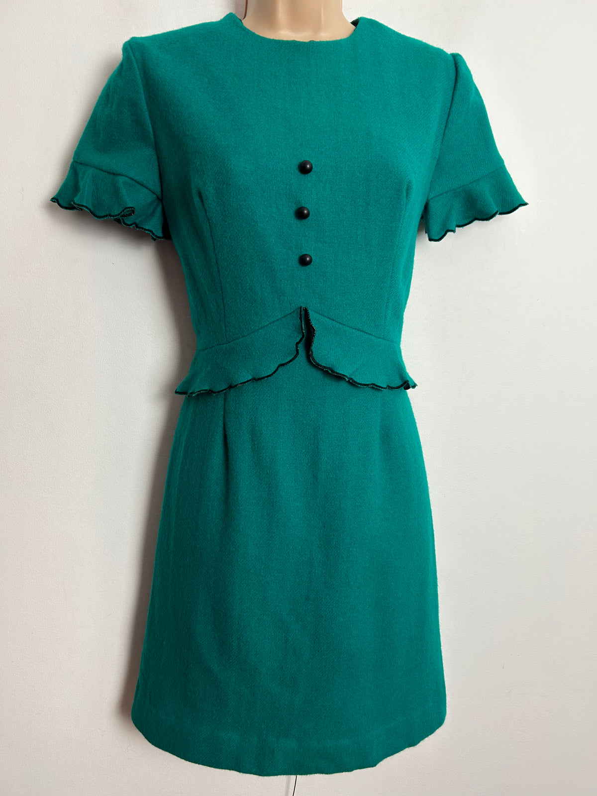 Vintage 1960s UK Size 8 Teal Green Pure Wool Peplum Fitted Mod Dress