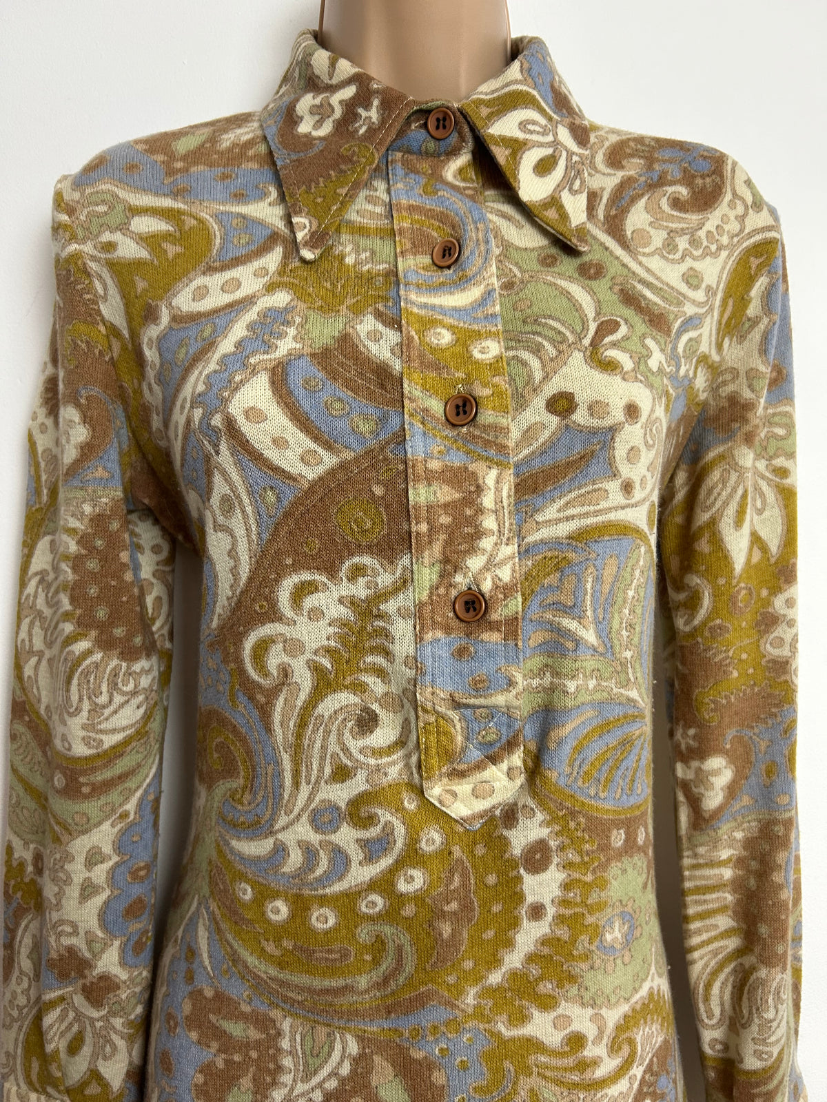 Vintage 1960s GASTON JAUNET Size 12-14 Brown Cream Blue & Pale Green Paisley Wool Mix Mod Shift Dress