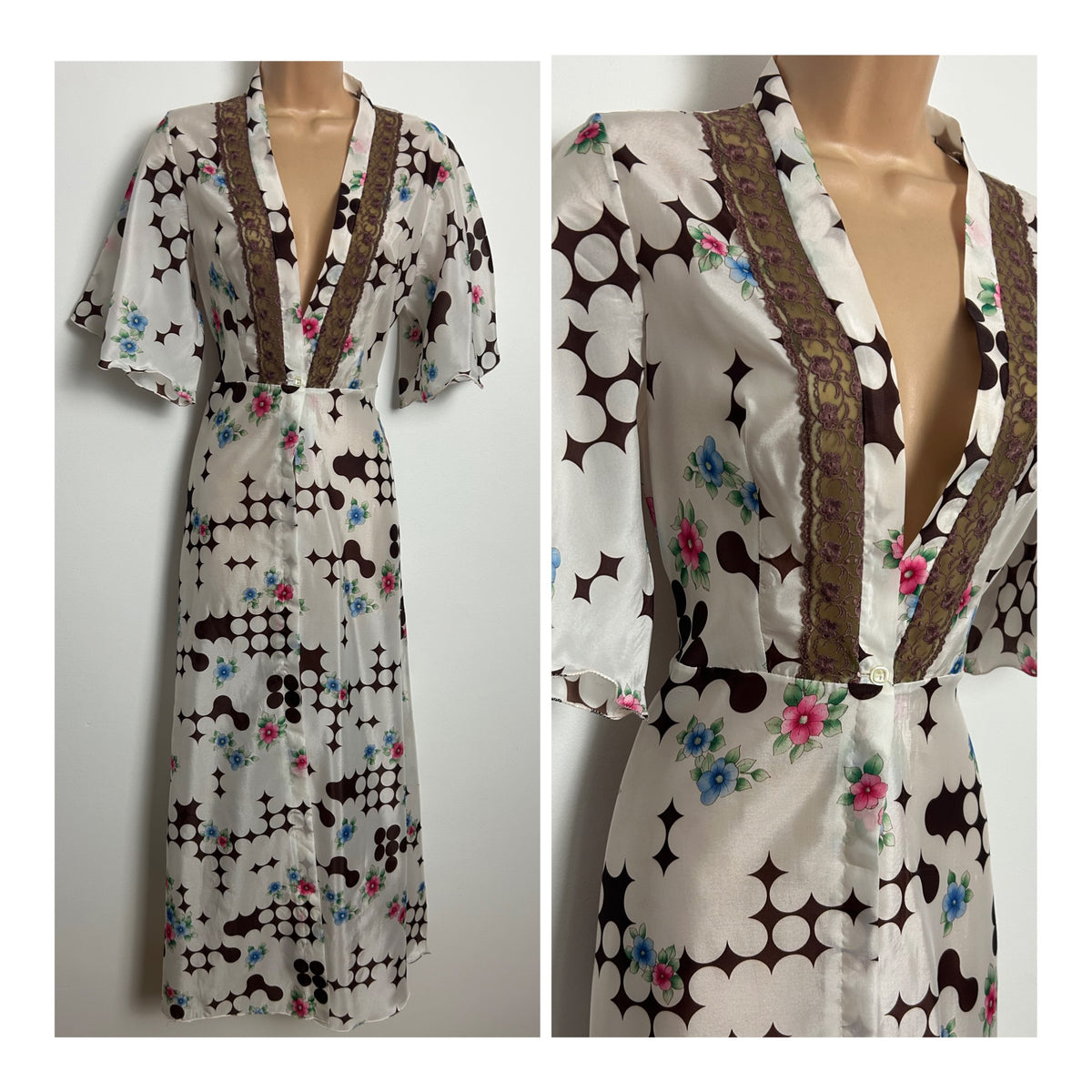 Vintage 1970s Size 12 Ivory White & Brown Floral & Abstract Spot Print Lace Trim House Coat Hostess Gown Cover Up