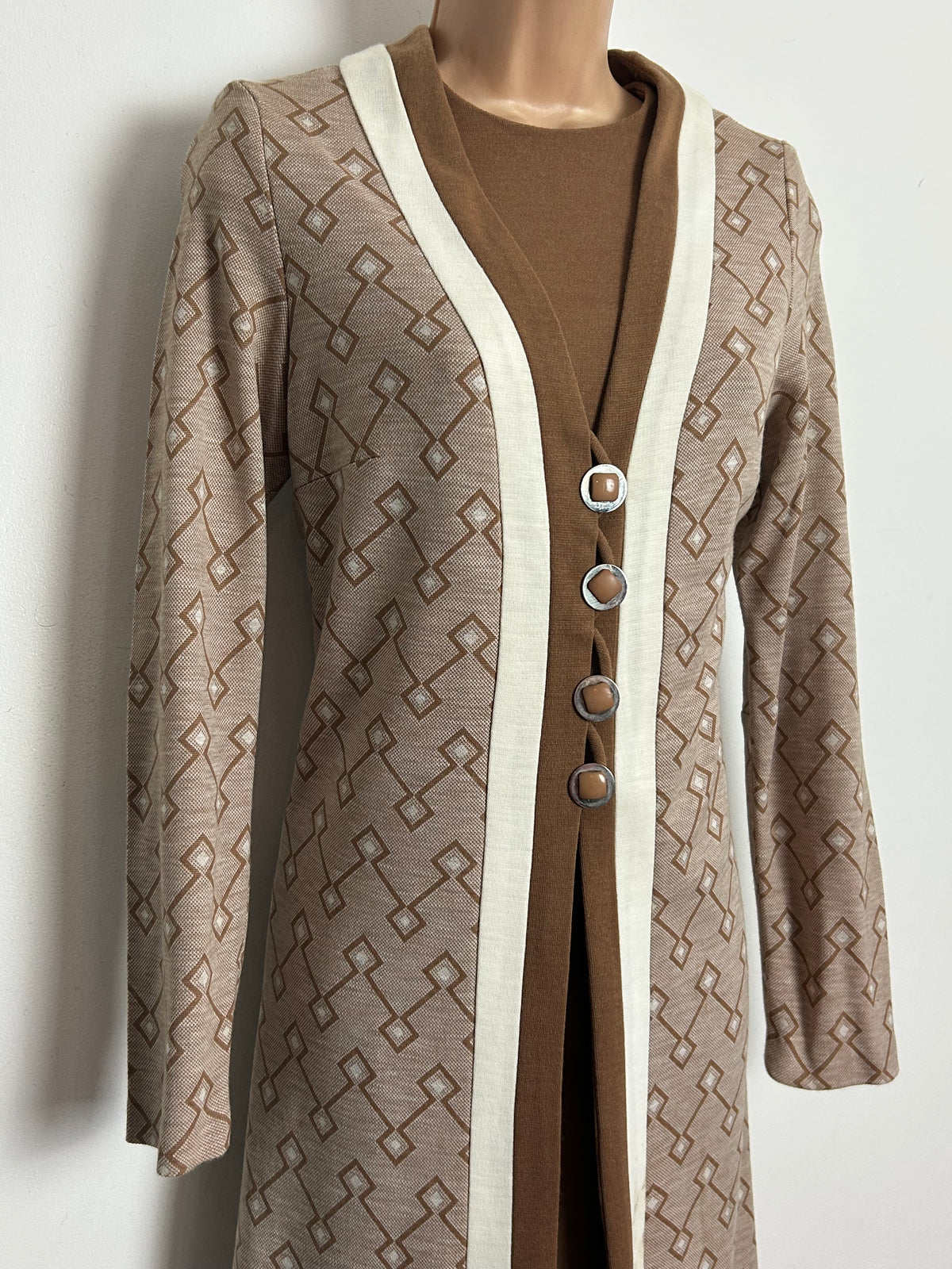 Vintage 1960s Size 10 Camel Brown Mod Dress & Matching Jacket Two Piece Suit