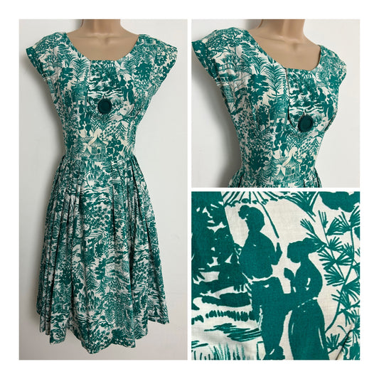 Vintage 1950s Size 6 Teal & White Japanese Theme Novelty Print Cotton Day Dress