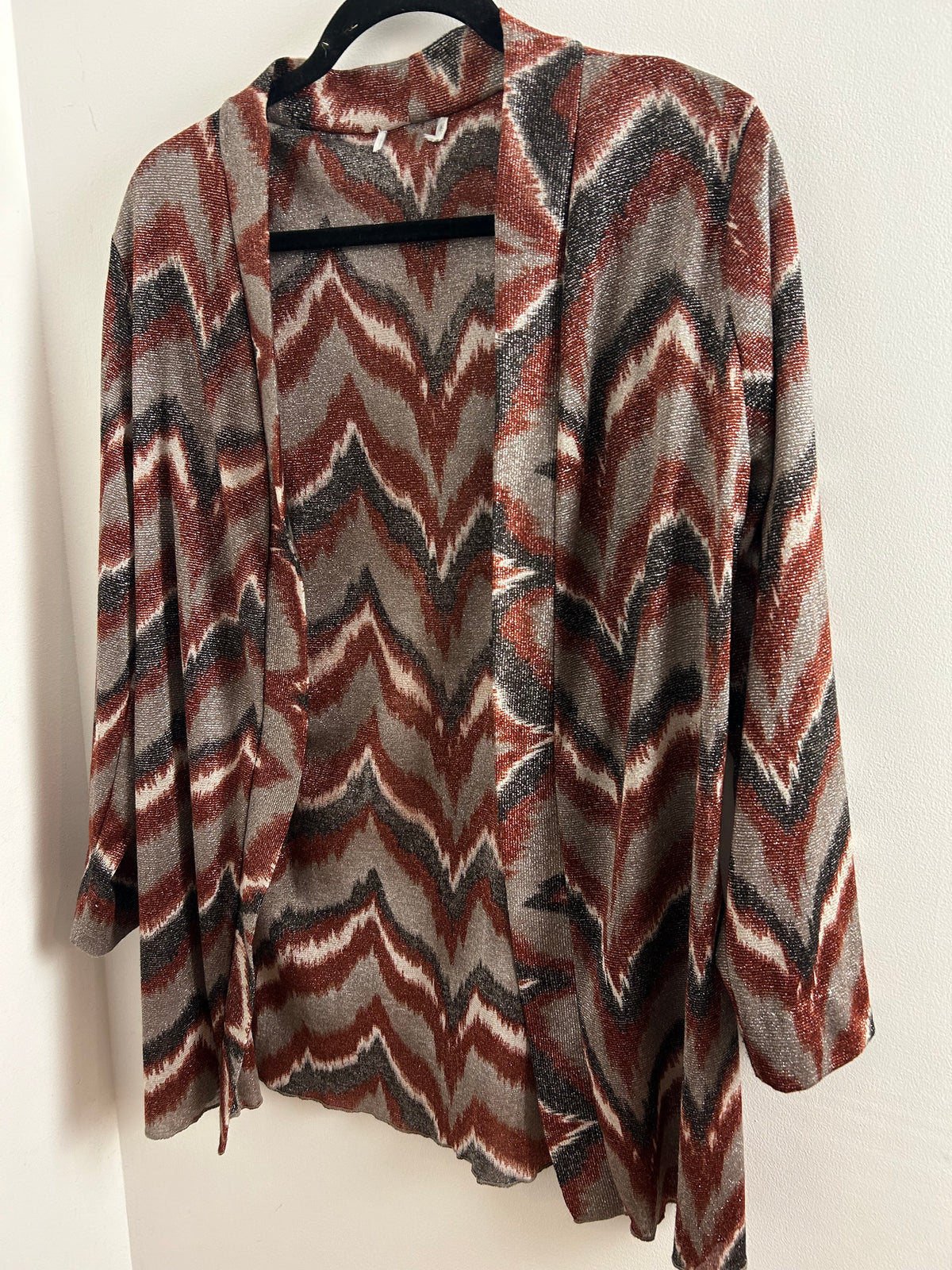 Vintage 1990s/Y2K UK Size 14 Bronze Grey & Silver zig Zag Stripe Print Open Fronted Long Sleeve Cardigan Cover Up