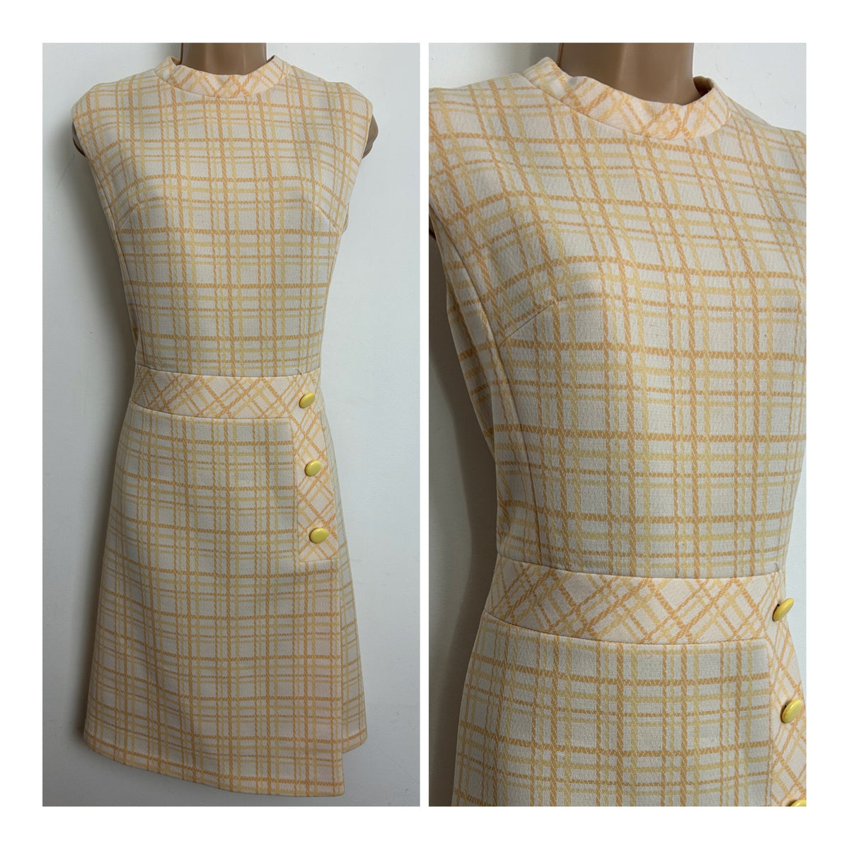 Vintage 1960s Size 12 Cream & Pale Mustard Tones Check Print Mod Dress