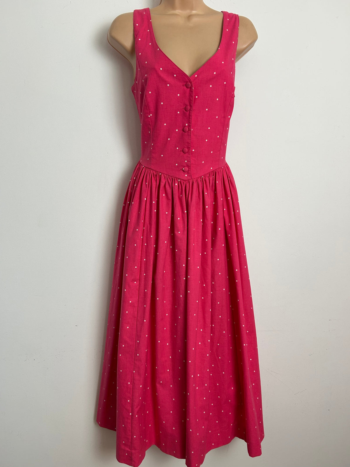 Vintage 1980s LAURA ASHLEY Size 8 (12 On Label) Hot Pink & White Polka Dot Print Cotton Midi Dress