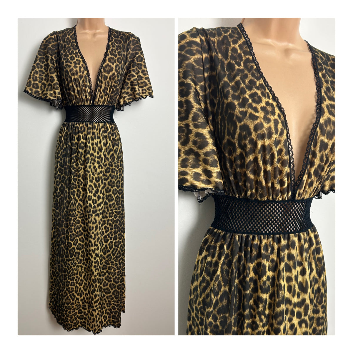 Vintage Late 1970s EUROBELLE Size 8-10 Leopard Print Flutter Sleeve Mesh Waist Panel Maxi Dress