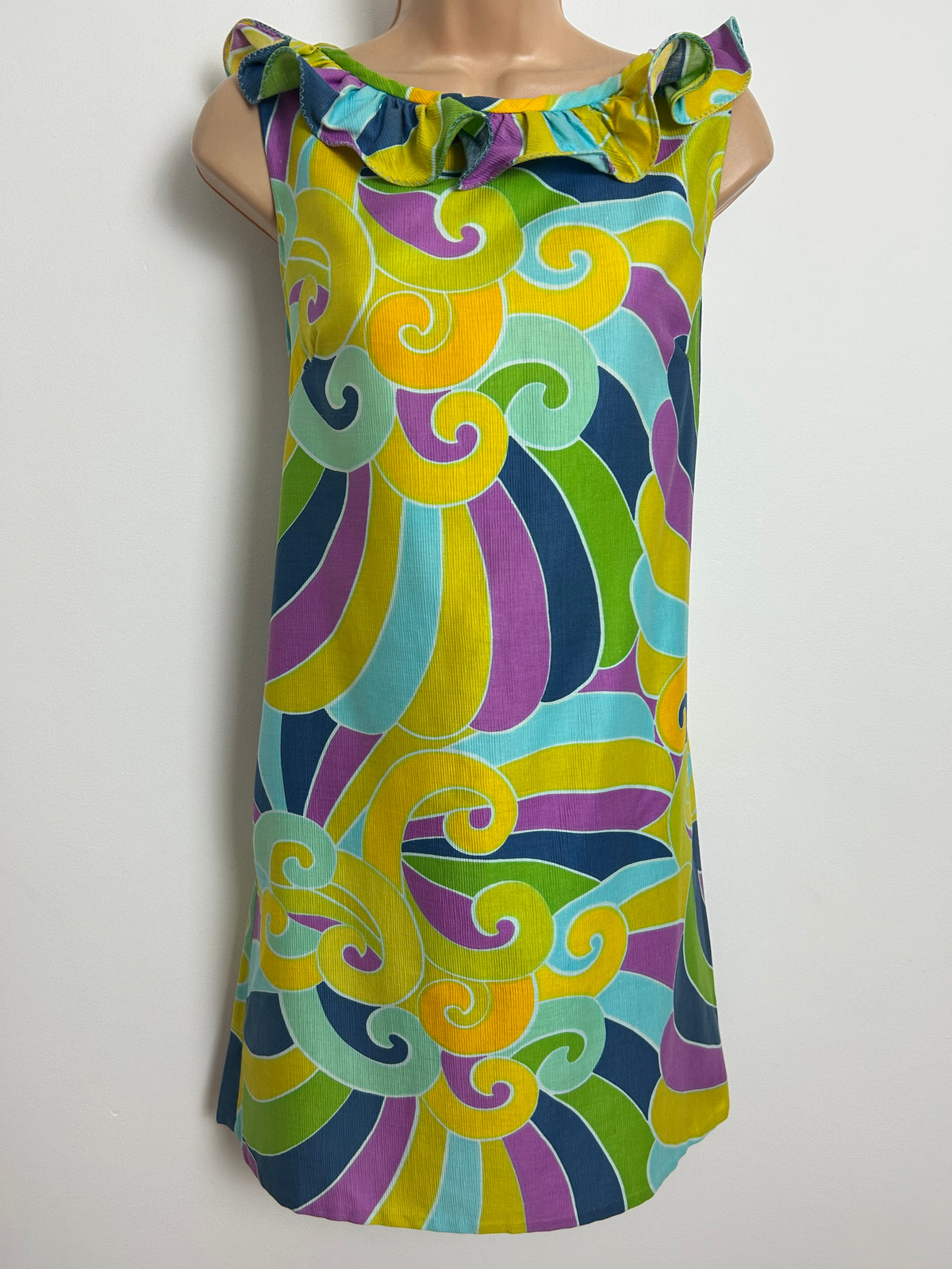 Vintage 1960s Size 10-12 Yellow Blue Purple & Green Swirl Print Ruffle Trim Shift Dress