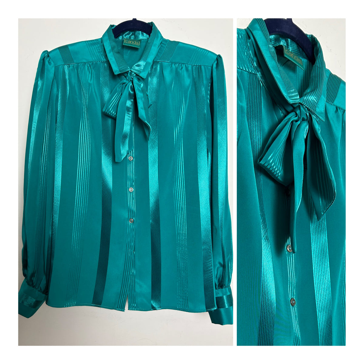 Vintage 1980s CANDA Size 16 Jade Green Pussy Bow Secretary Blouse