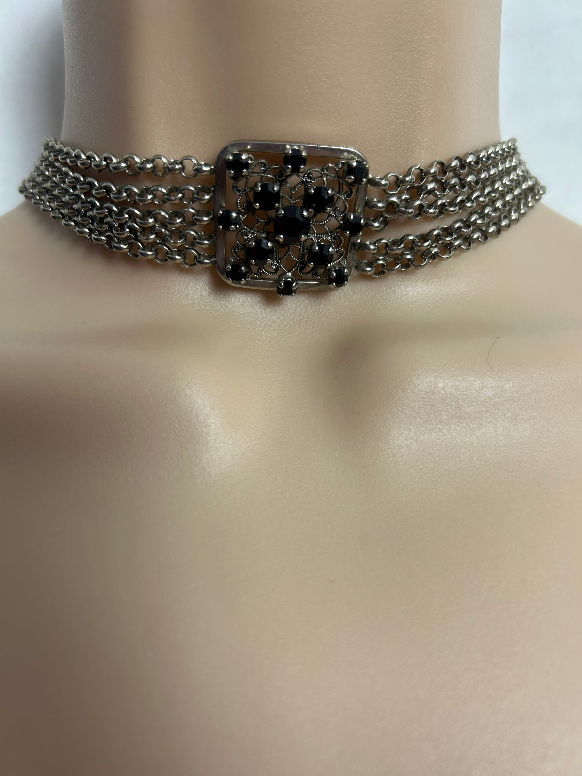 Vintage 1970s Silver Tone Multi Strand Purple Stone Set Small Choker Necklace