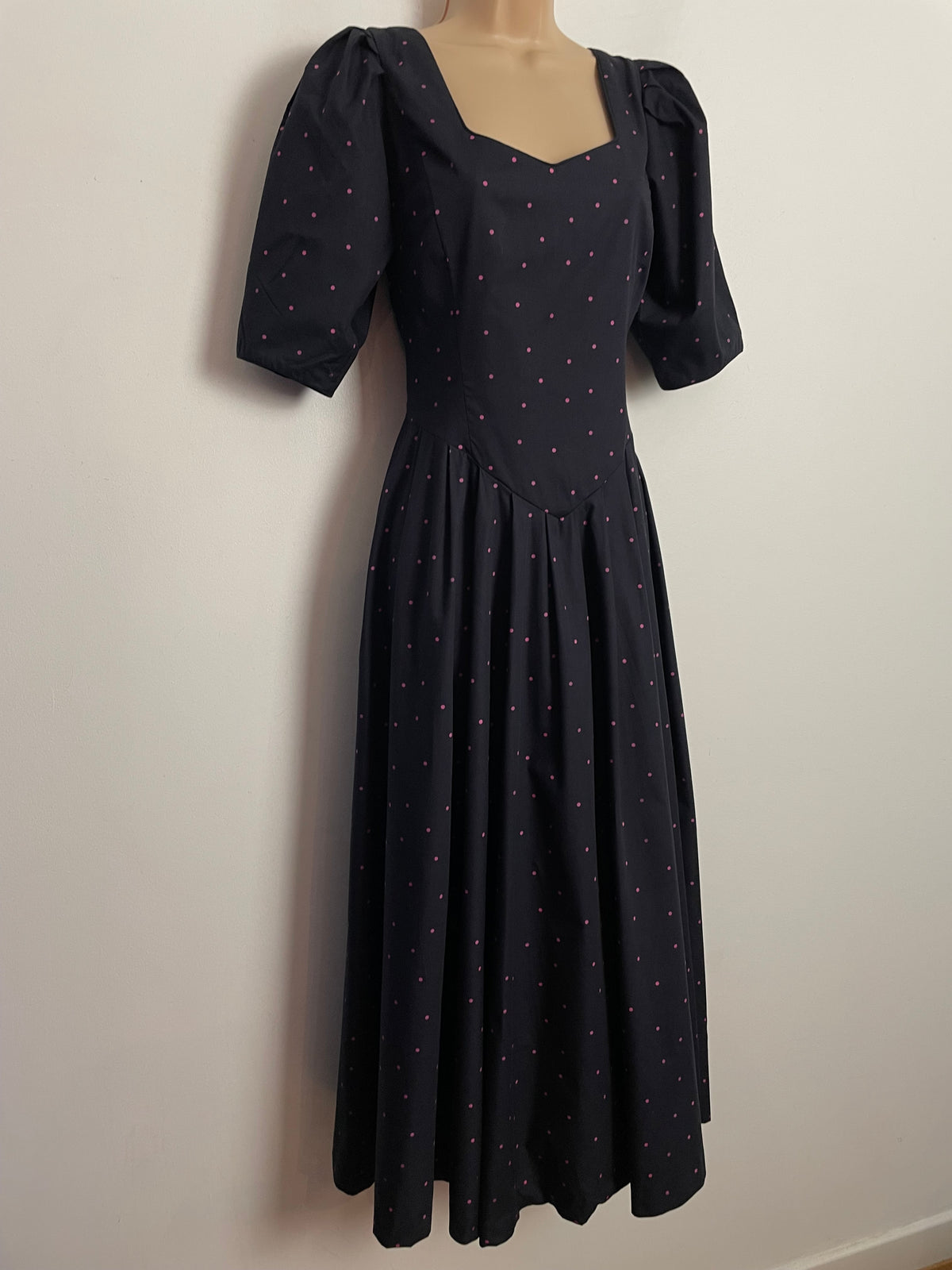 Vintage 1980s LAURA ASHLEY UK Size 10 ( Size 14 On Label) Black & Pink Polka Dot Print Midi Dress