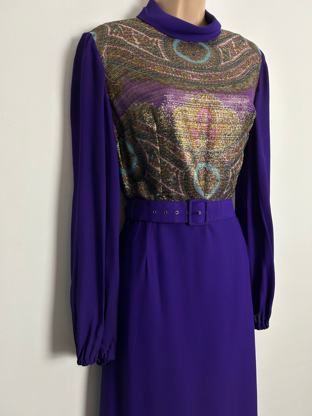 Vintage Late 1960s JOBI UK Size 10-12 Purple Teal & Gold Lurex Pattern Bodice Belted Occasion Maxi Dress