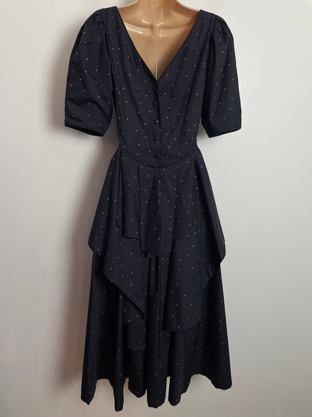 Vintage 1980s LAURA ASHLEY UK Size 10 ( Size 14 On Label) Black & Pink Polka Dot Print Midi Dress