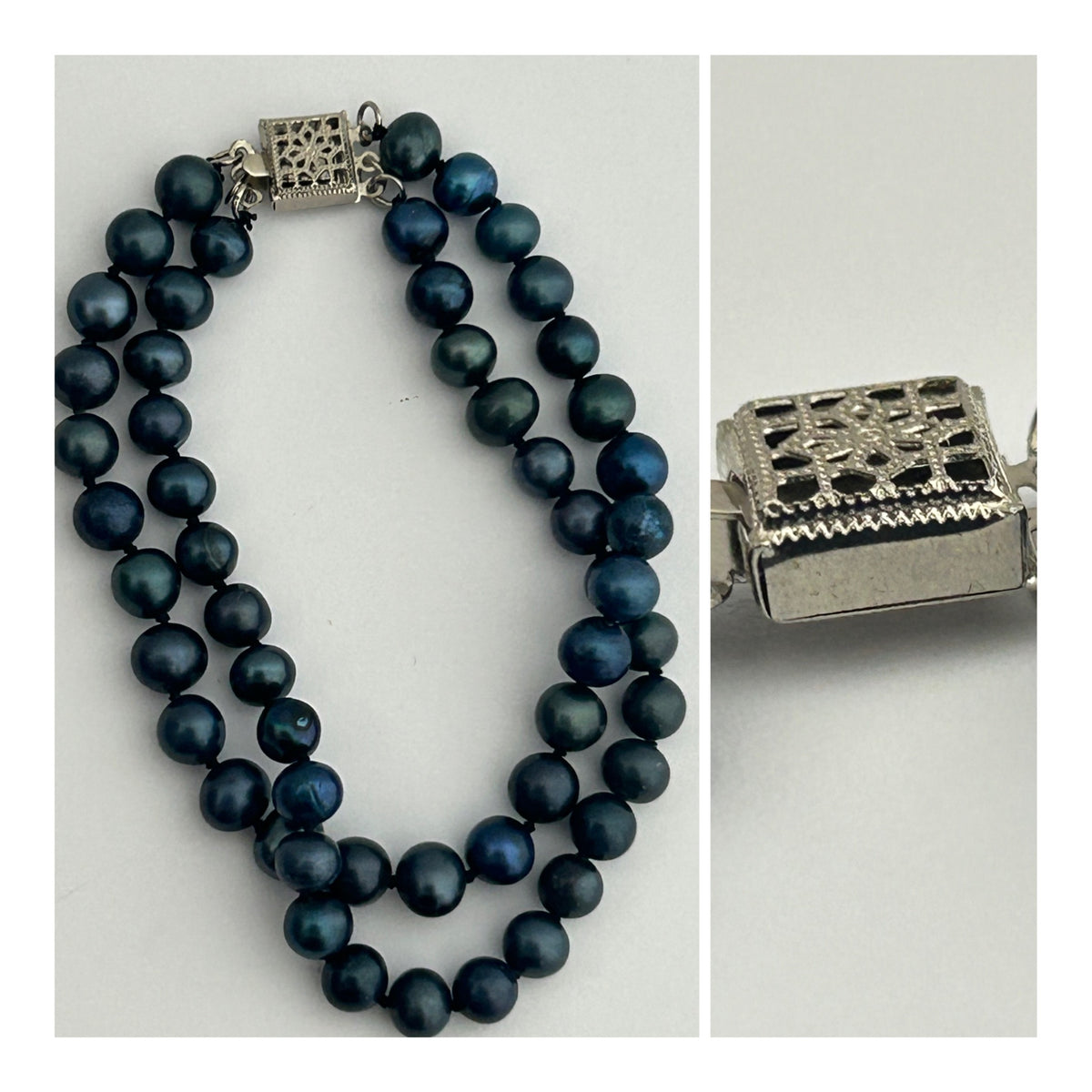 Vintage Blue Dyed Real Cultured Pearl Double Strand Bracelet With 14k Gold Filled Box Clasp
