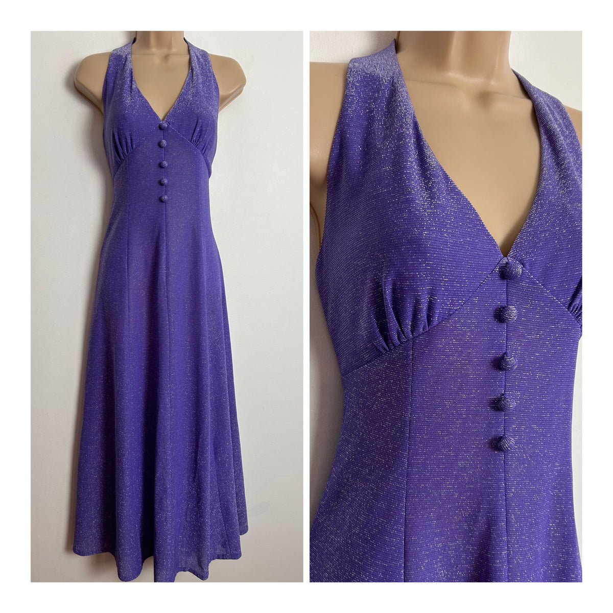 Vintage 1970s PEGGY PAGE UK Size 8 Purple Lurex Halterneck Party Occasion Maxi Dress
