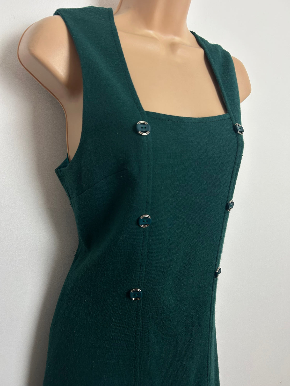 Vintage 1960s Size 10 Teal Green Wool Mix Sleeveless Button Detail Mod Shift Dress