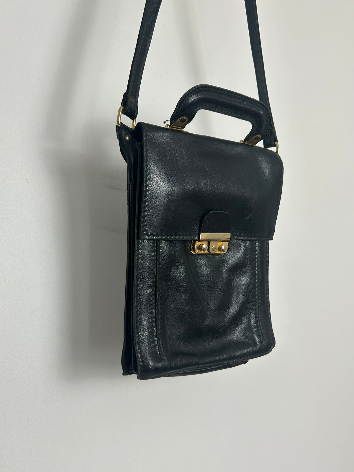 Vintage 1970s Black Leather Satchel Style Shoulder Bag