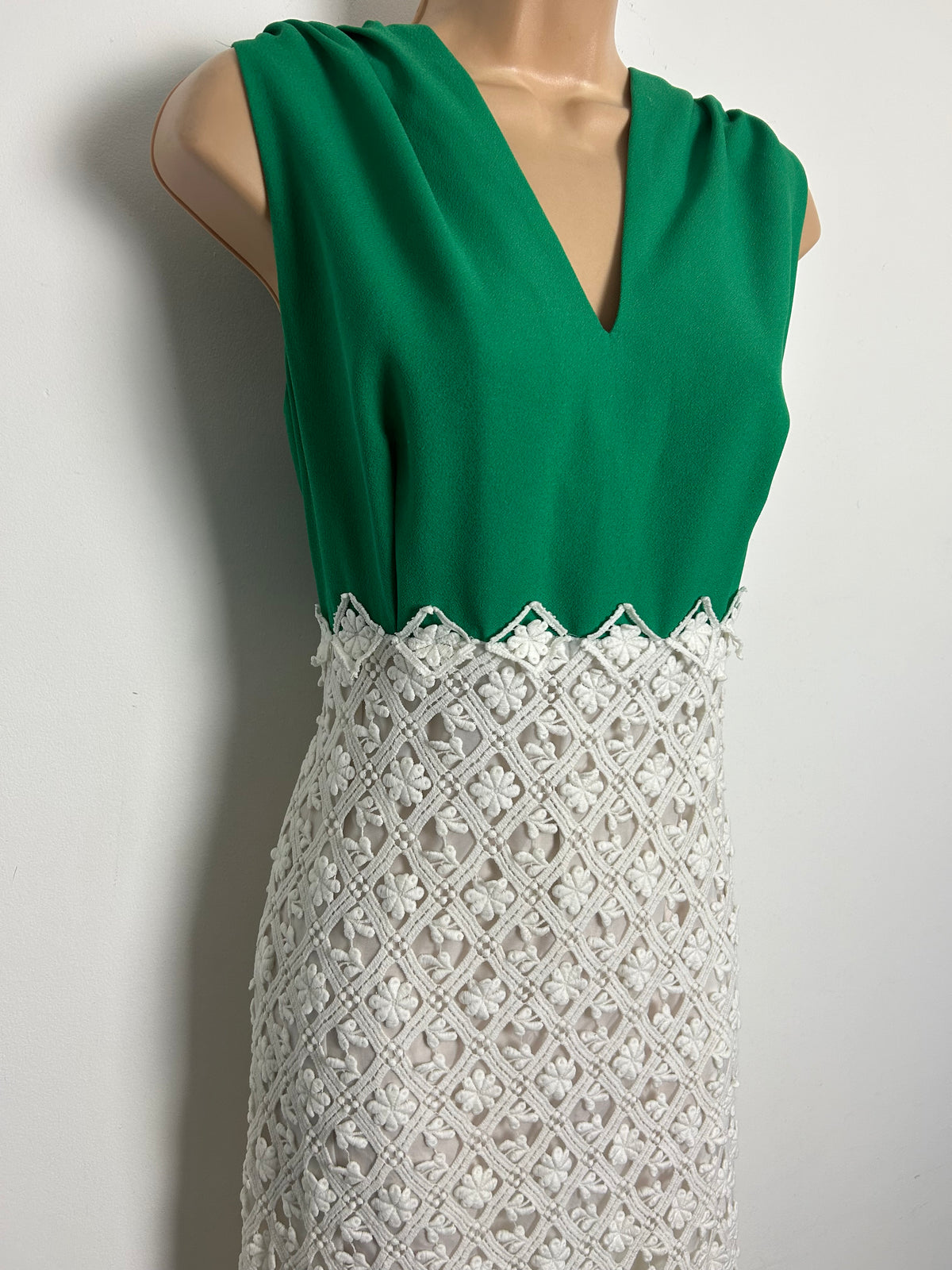 Vintage Late 1960s Size 14 Green & White Embroidered Lace Special Occasion Maxi Dress