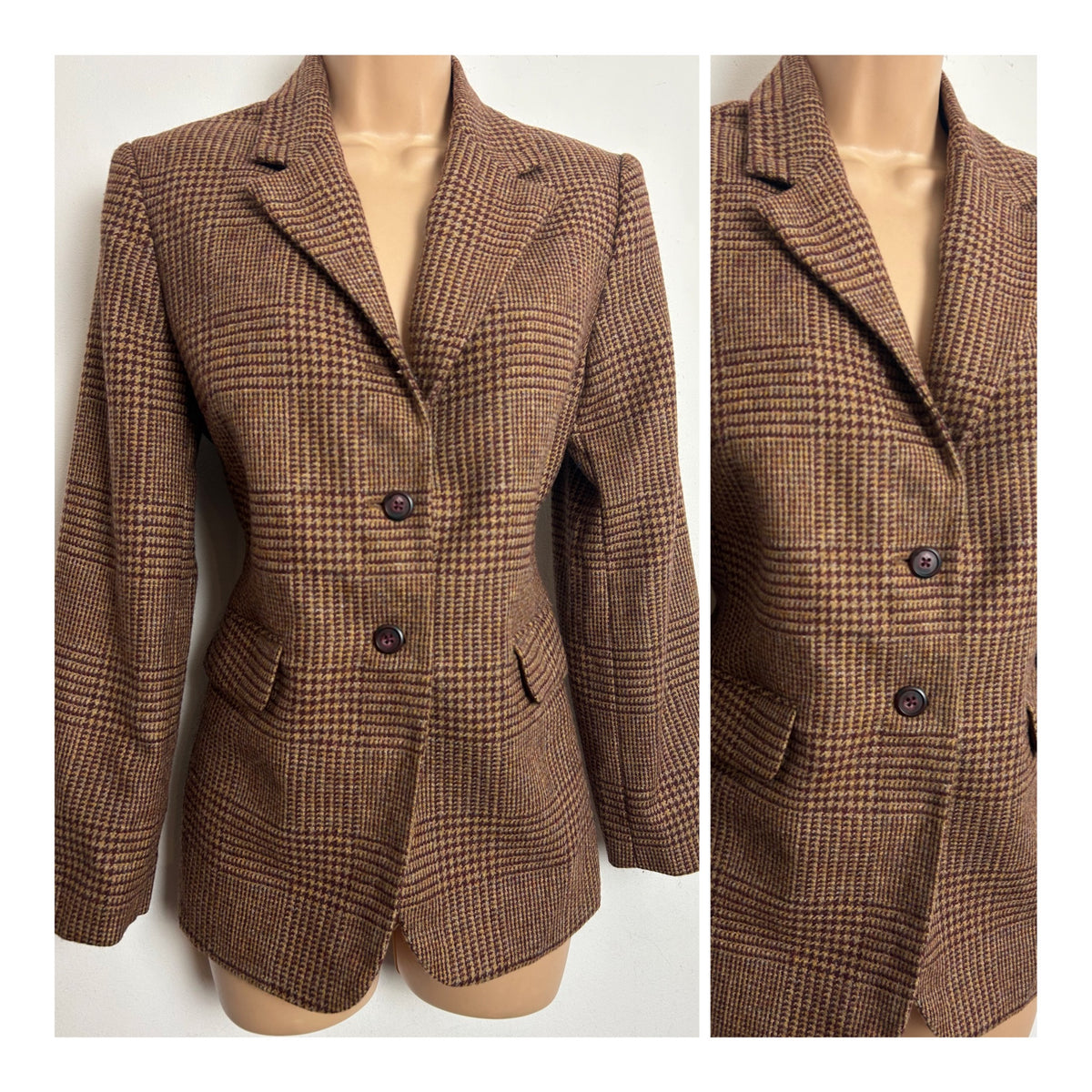 Vintage 1980s TALBOTS PETITES Size 10-12 Brown Hounds Tooth Check 100% Lambswool Blazer