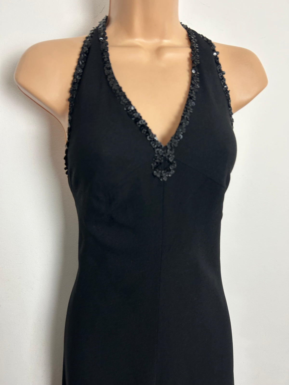 Vintage 1970s Size 10-12 BlackPure New Wool Sequin Open Back Bow Strap Halter Neck Evening Maxi Dress