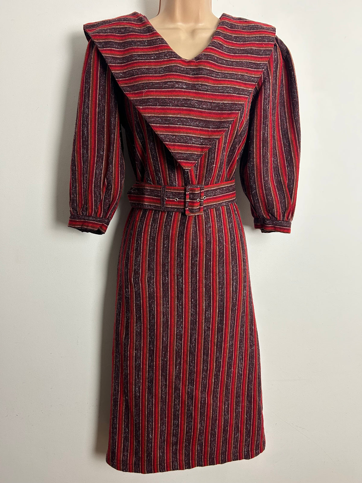 Vintage Early 1980s Size 10 Red & Brown Stripe Wool Mix Long Sleeve Feature Collar Belted Dress