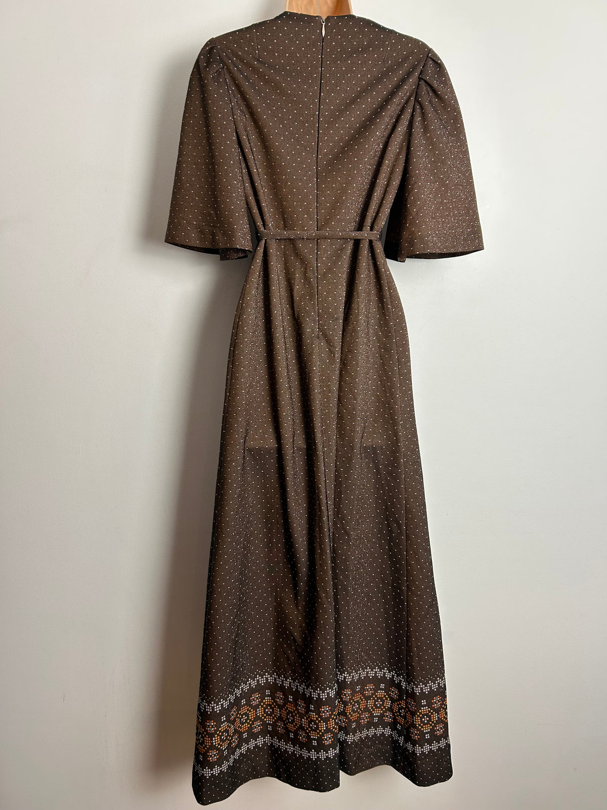 Vintage 1970s RICHARD BAKER UK Size 8 Brown & Silver & Polka Dot & Geo Pattern Lurex Maxi Dress
