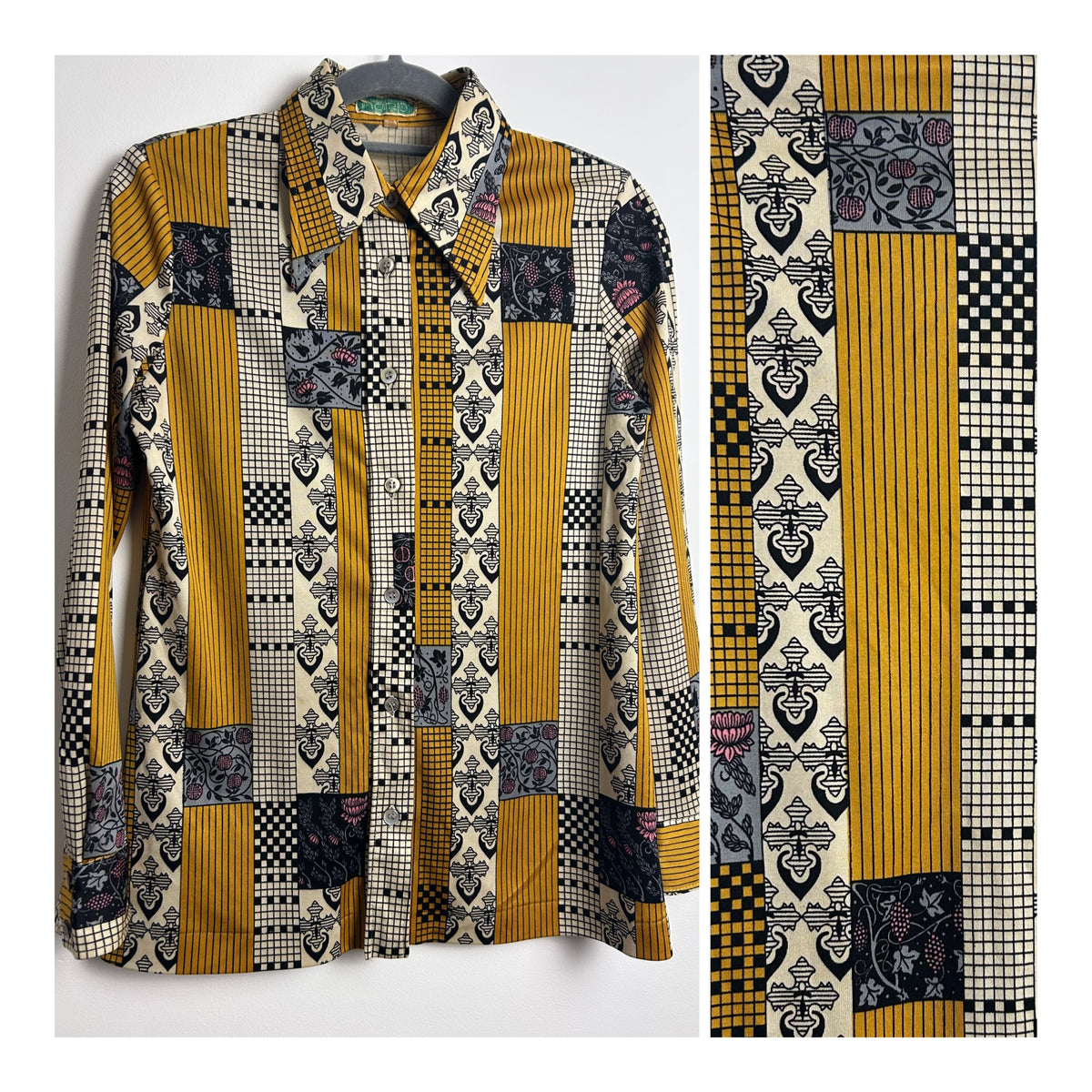 Japanese Vintage 1970s Size 8 Dark Gold White & Black Abstract Print Long Sleeve Dagger Collar Shirt