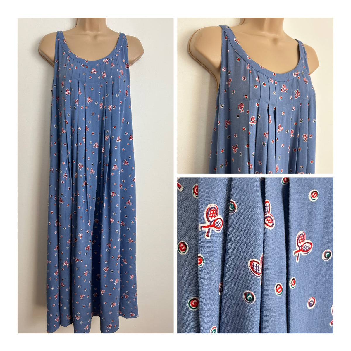 Vintage Late 1970s GUY LAROCHE DIFFUSION Designer Size 8-10 Blue Tennis Racket & Balls Novelty Print Pleated Smock Dress