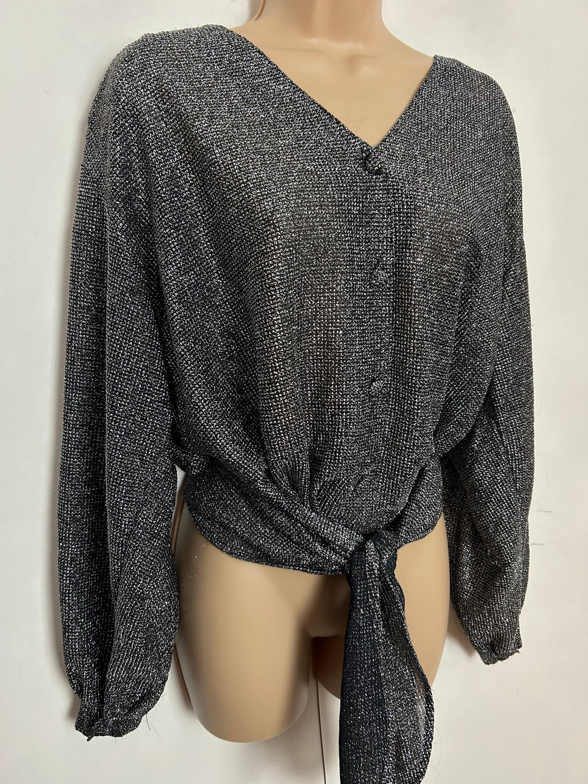 Vintage 1980s UK Size 14-16 Black & Silver Lurex Tie Fronted Party Blouse/Top