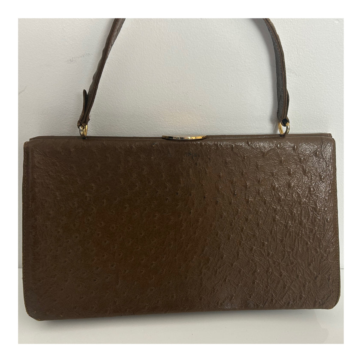 Vintage 1960s Large Brown Leather Ostrich Embossed Kelly Style Handbag