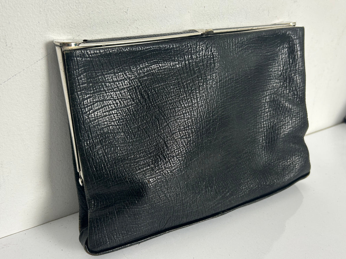 Vintage 1940s Black Leather Mock Reptile Framed Clutch Bag With Hand Strap