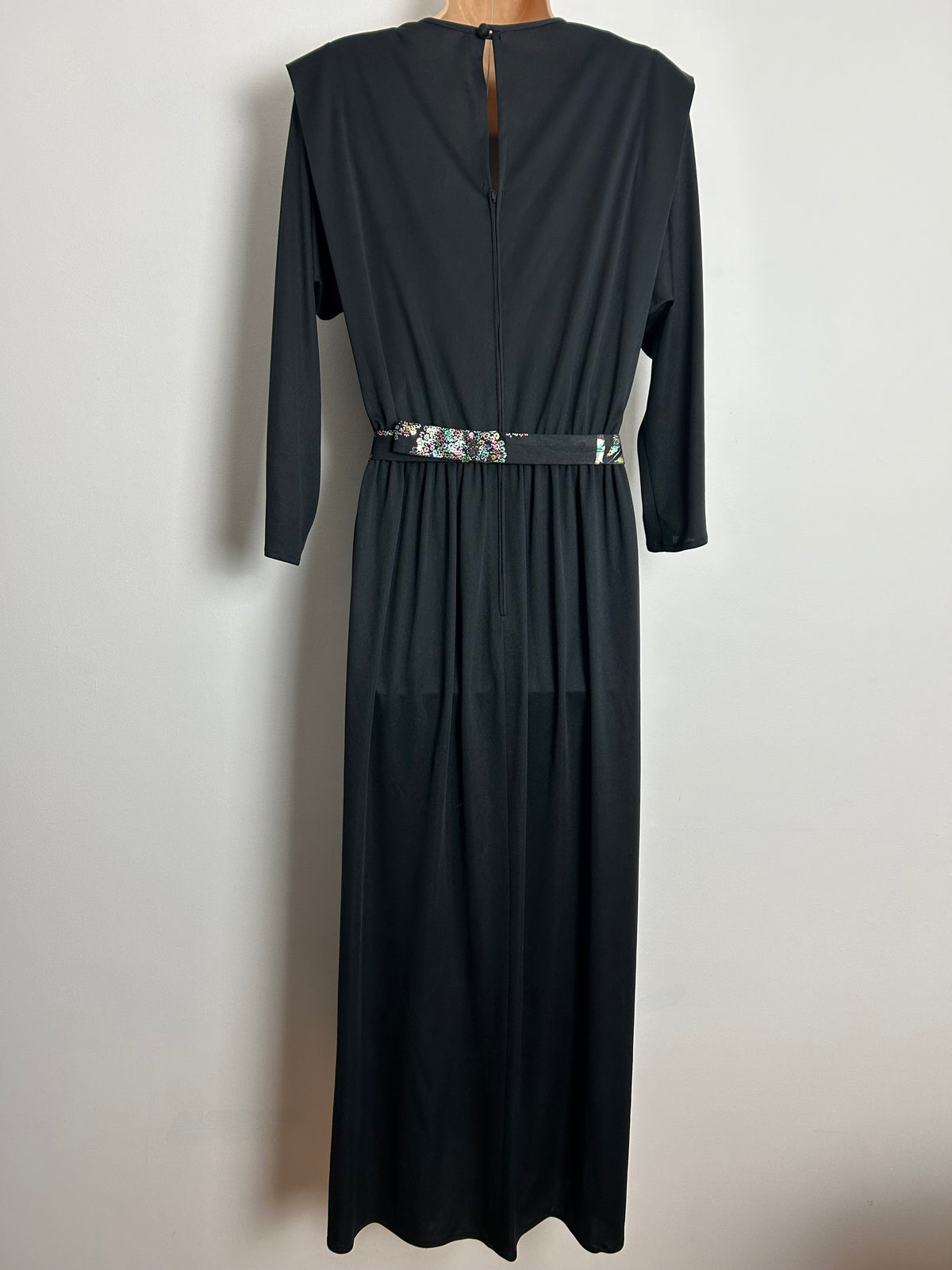 Vintage 1980s UK Size 10 Black & Metallic Silver Blue & Pink Floral Pattern Long Sleeve Belted Evening Dress