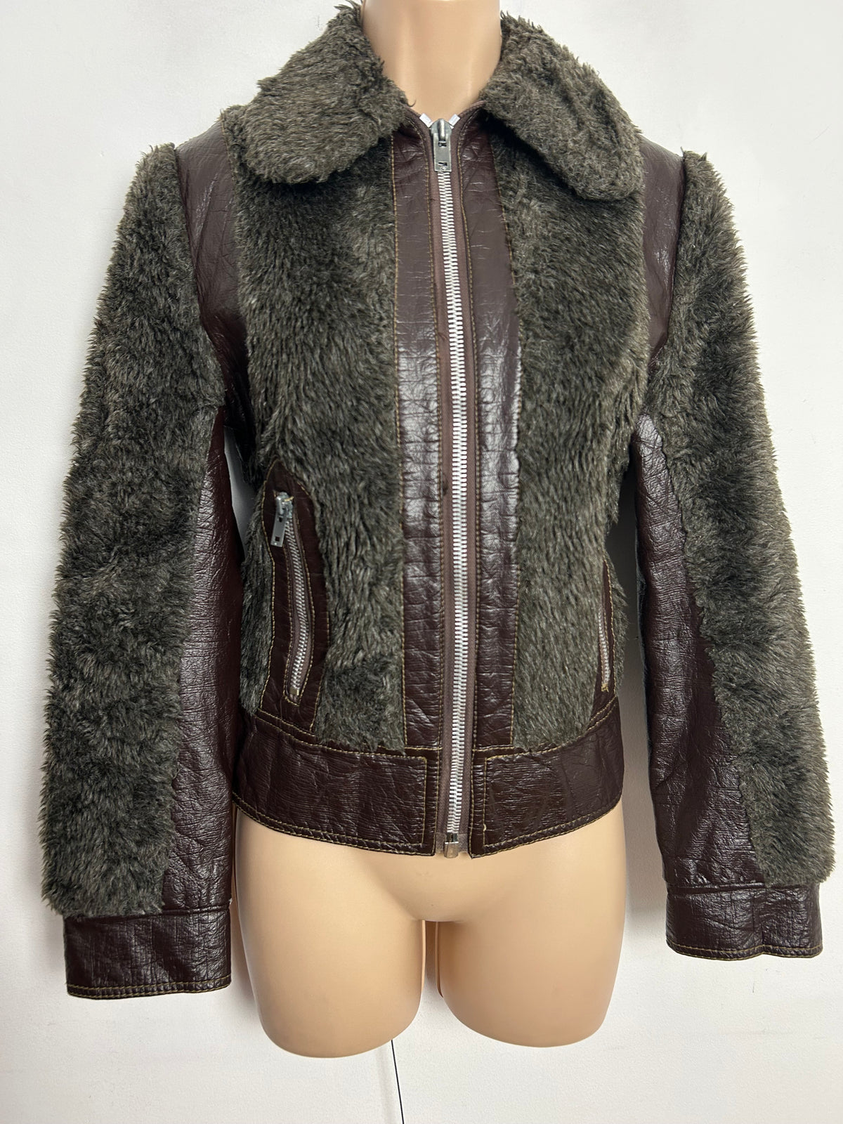 Vintage 1980s UK Size 10 Brown & Dark Grey Faux Fur & Faux Leather Bomber Style Jacket