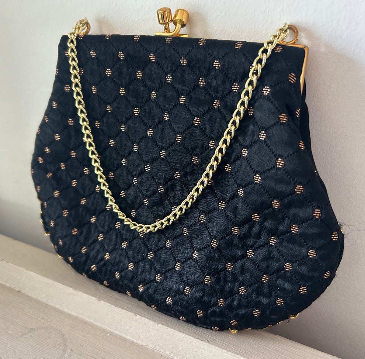 Vintage 1960s Small Black & Metallic Gold Satin Fabric Evening Bag With Chain Handle