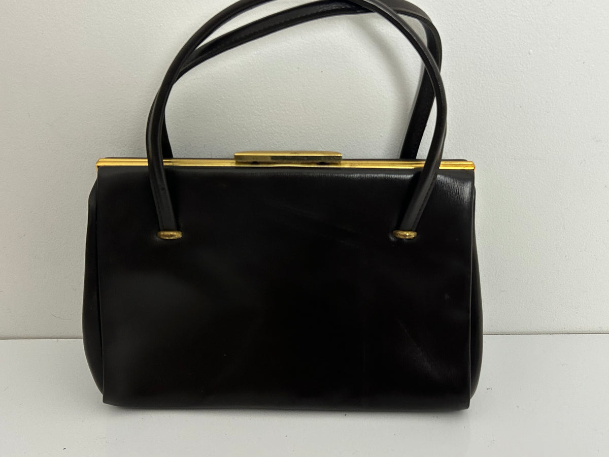 Vintage 1950s Matt Brown Leather Kelly Handbag With Gold Tone Frame