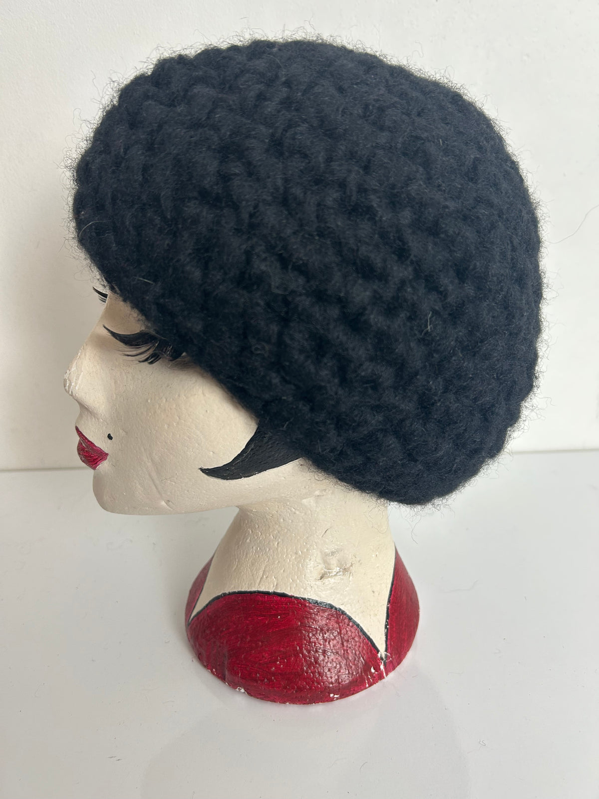 Vintage Black Chunky Knit Wool Beanie/Beret Style Hat