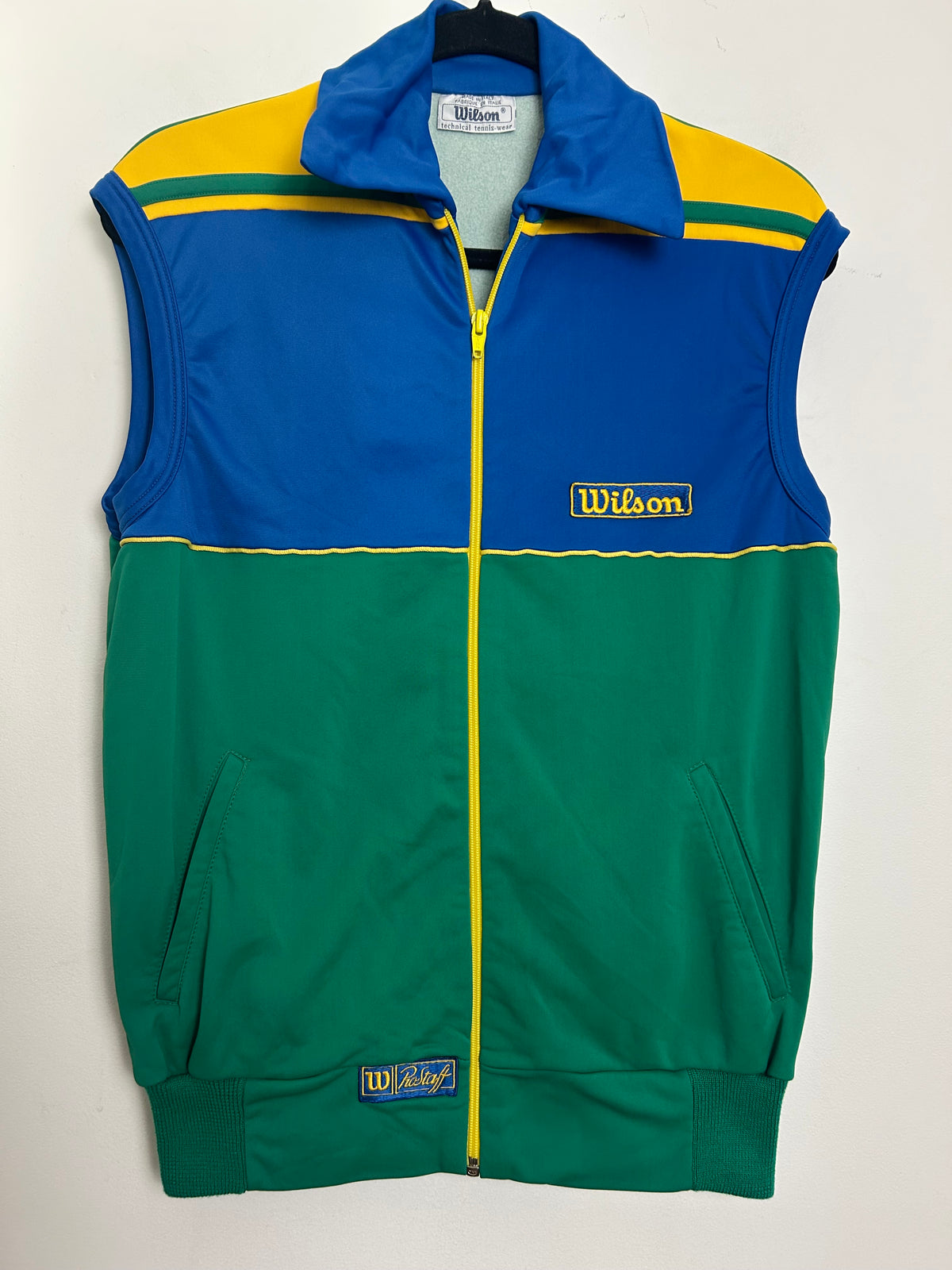 Vintage WILSON PROSTAFF Tennis-Wear Size 12 Blue Green & Yellow Retro Sleeveless Gilet Windbreaker