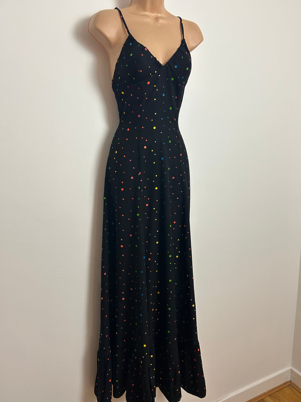 Vintage 1970s DOMINO-D Size 6-8 Black & Multicolour Spot Print Halterneck Maxi Dress