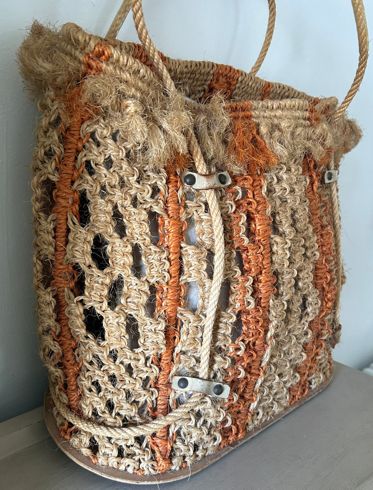 Vintage Late 1960s Early 1970s Large Raffia String Style Woven Beach Bag Shopping Bag