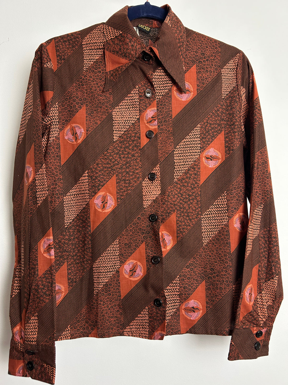 Vintage 1970s STUDIO BECKER Size 8-10 Brown Tones Abstract & Bird Print Cotton Shirt